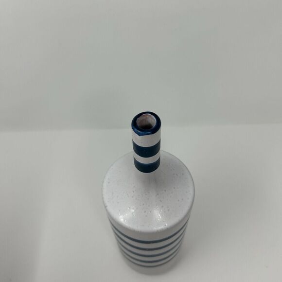Crate and Barrel Terra Cotta Vase Blue Striped Gray Nautical Decor Hand Painted - Picture 6 of 14